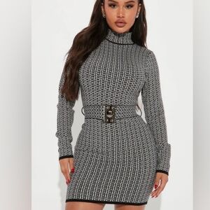 Always Know Black and White Long Sleeve Belted Sweater Dress NWOT